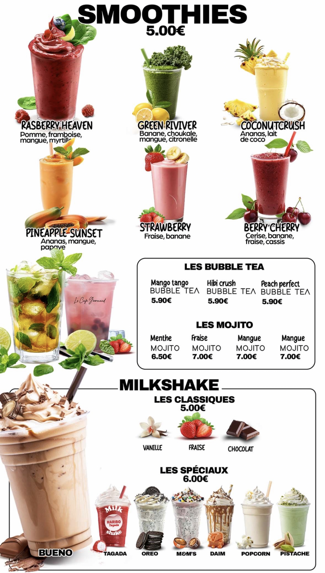Smoothies, Bubble Tea, Mojitos et Milkshakes